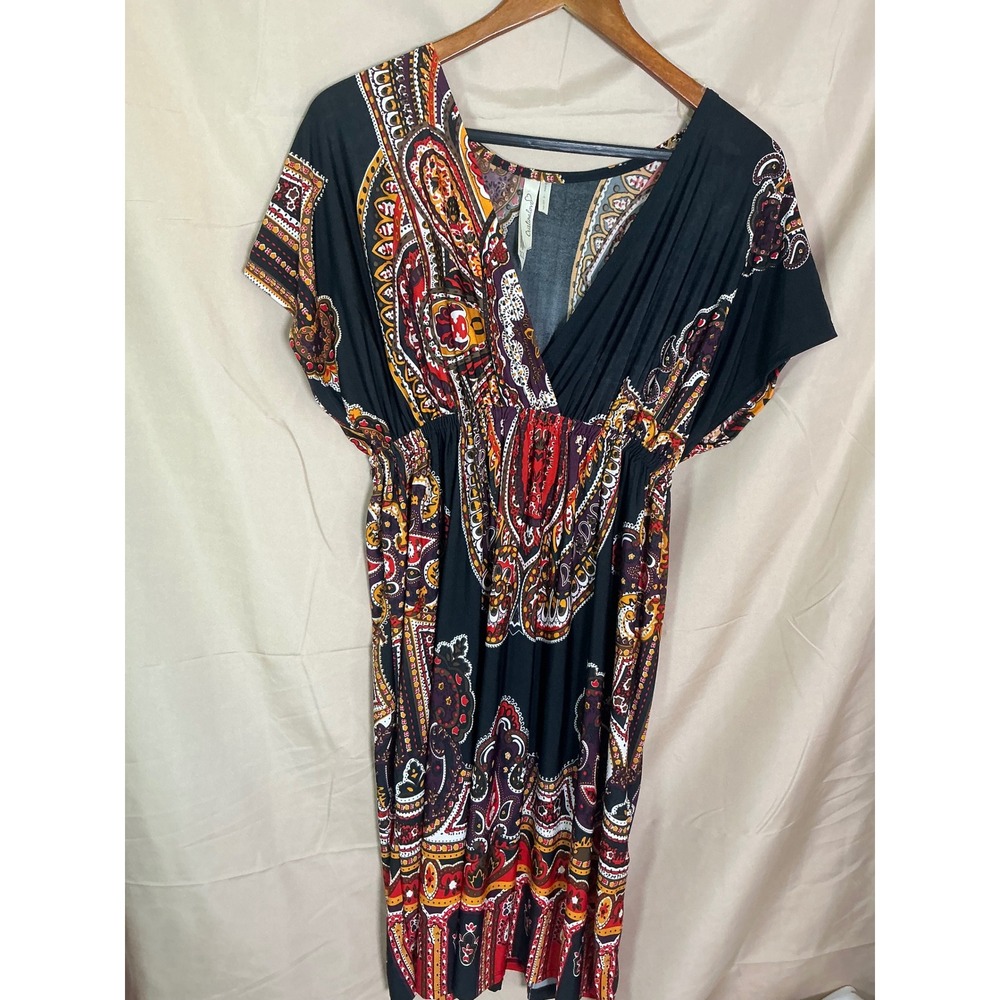 Cristina Love Paisley Empire Waist Dress Womens XL Black Red Excellent Boho Midi - Picture 6 of 12